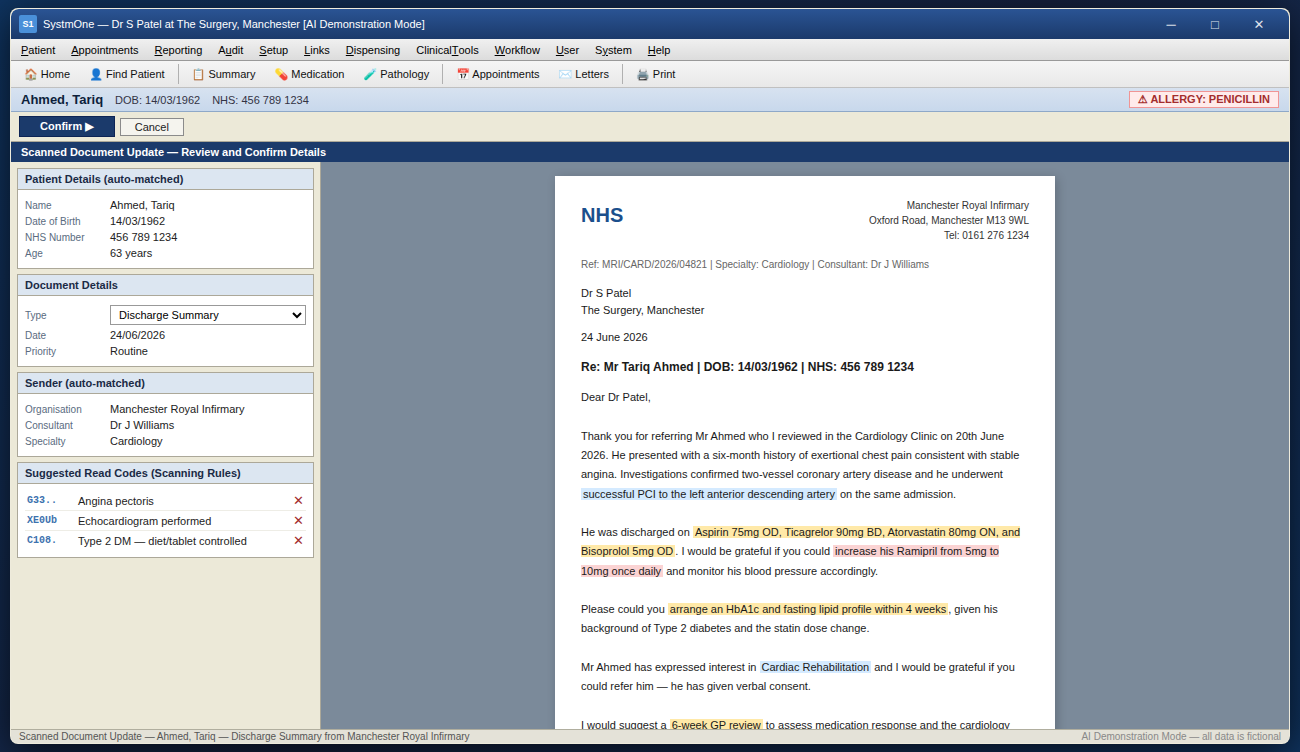 Scanned Document Update screen in SystmOne showing AI-highlighted actions from a cardiology discharge letter