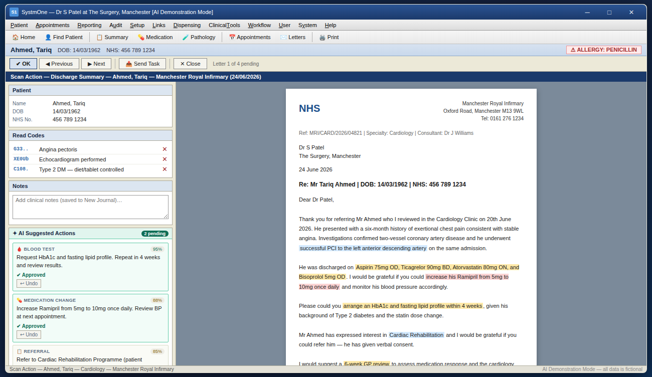 AI tasks being reviewed — blood test and medication approved, referral pending